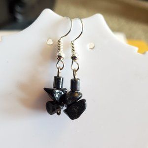 Silver Tone Hook Obsidian and Hematite Dangle Earrings Tony Alexander Jewelry